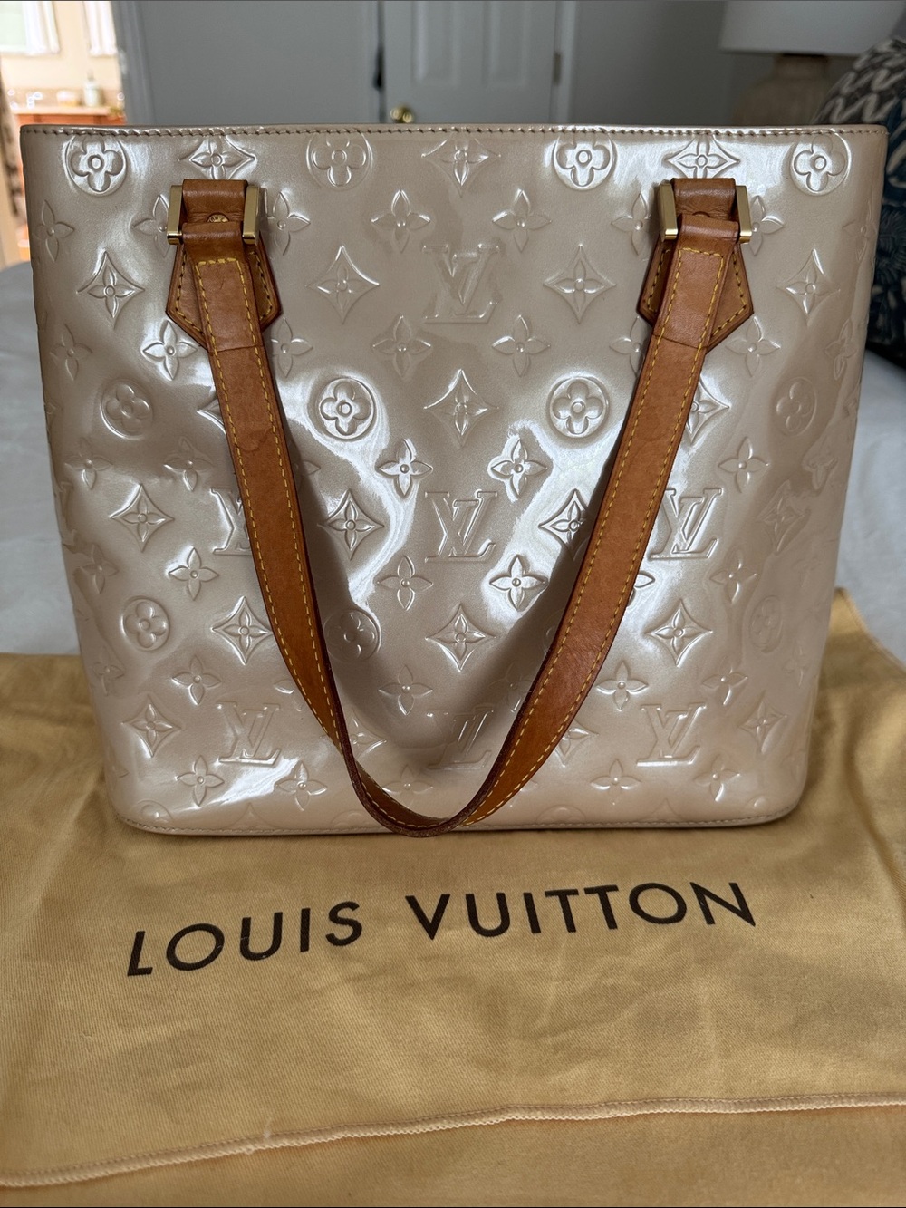 Louis Vuitton Patent Monogram Tote in Cream with Brown Straps